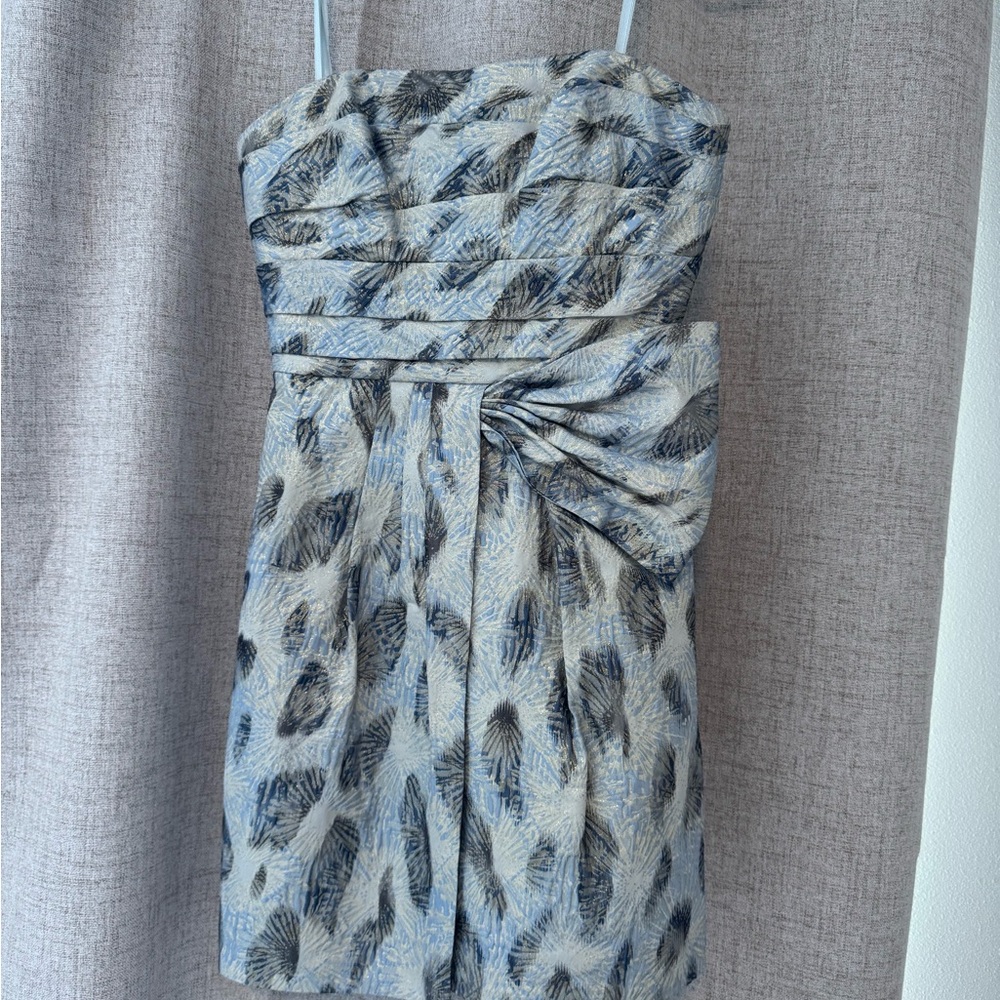 BCBGMaxAzria Strapless Dress with Blue Feather Design